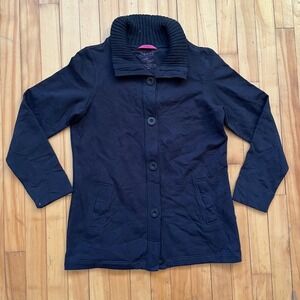 LL Bean Black Button Front Knit Collar Casual Jacket Coat Women's Medium